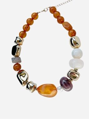 Gold & Amber Beaded Women's Necklace - Mixed Stone Accent